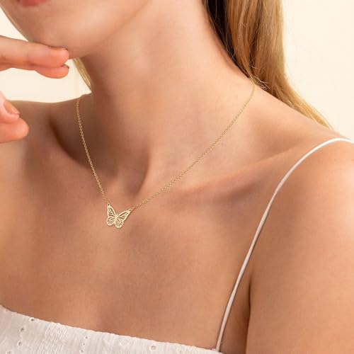 Butterfly Necklaces for Women,Dainty 14K Real Gold Plated Butterfly Bow Pendant Necklace Adjustable O Chain Minimalist Trendy Butterfly Jewelry for Women3