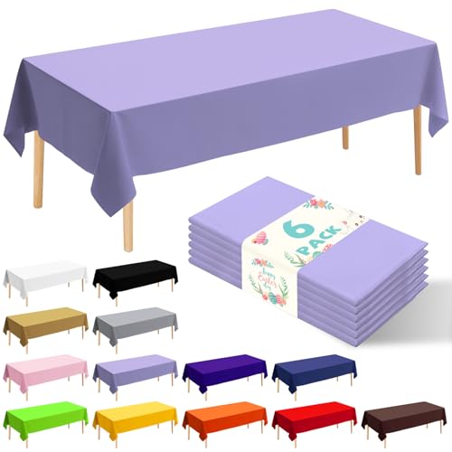 6 Pack Premium Disposable Plastic Tablecloth 54' x 108' Party Table Cloths Disposable for 6 to 8 Foot Tables Indoor or Outdoor Parties Birthdays Weddings Christmas Anniversary Buffet Table (Purple)