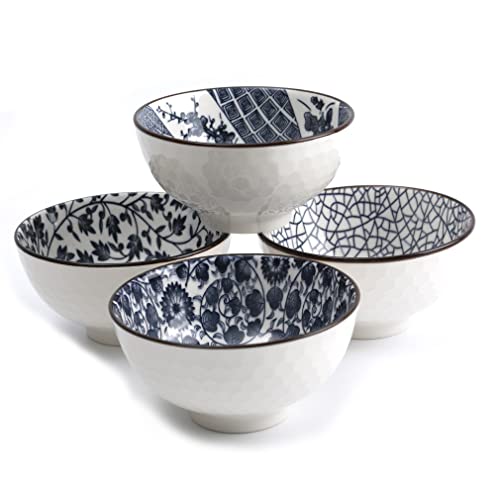 lachineuse - Coffret 4 Bols Chinois Motifs Asiatiques Bleus ⌀ 11cm - Bols à Riz, Petit Déjeuner & Soupe - Motifs Traditionnels Japonais Chinois - Bol Asiatique...
