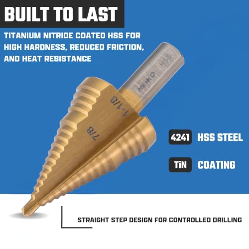 Image of NEIKO 10626A Step Drill Bit, 2 Steps 7 /8 inch to 1-1 /8 inch Straight High Speed Steel, Titanium Nitride Coated, 3 /8 inch Tri-Flat Step Bits for Steel, Metal, Wood, Plastic, Unibit Cone Drill Bits, Two Flute