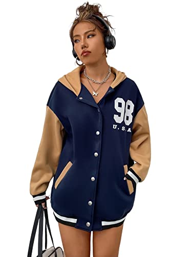 Wdirara Women's Color Block Snap Down Graphic Casual Hooded Varsity Letterman Jacket Blue And Brown M #TOP19