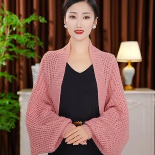 Women's Kimono Batwing Cable Chunky Knitted Slouchy Oversized Wrap Cardigan Fashion Shawl Sweater Open Front Outwear Coat Pink2