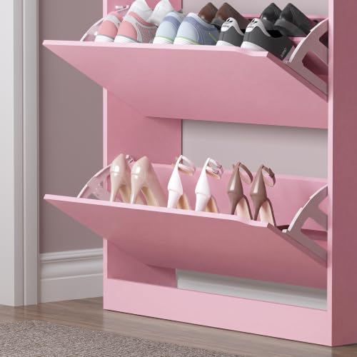 Image of BORNOON Shoe Cabinet with 3 Flip Drawers & Coat Rack, Narrow Hidden Shoe Storage Cabinet, 2-in-1 Hall Tree Slim Freestanding Shoe Rack Organizer for Entryway, Hallway, and Living Room