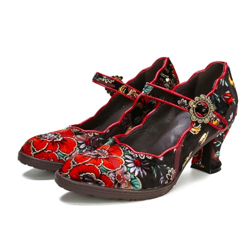 Superladystar's Handmade Cowhide Leather Women's Shoes, Pumps, Mid Heels, Retro Style, Hand Painted,Casual Style2