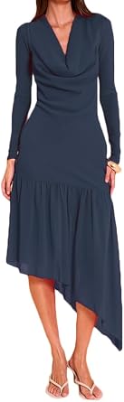 Women's Long Sleeve Bodycon Maxi Dress Elegant Asymmetric Hem Stretchy Slim Fit Fall Dress