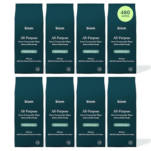 Biom All-Purpose Cleaning Wipes Refill (8pk x 60ct Each) - Biodegradable All Natural Plant-Based Non-Toxic Wipes for Home & Travel - Kid & Pet Friendly (Santal)