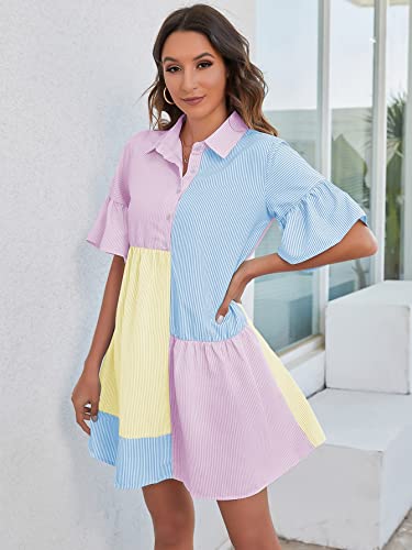 Floerns Women's Color Block Printed Short Sleeve Button Front Striped Shift Dress4
