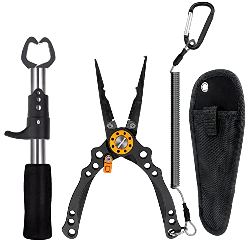 bokeok Fishing Pliers,Upgraded Fish Lip Gripper Fishing Pliers Hook Remover Split Ring,Saltwater Resistant Fishing Pliers,Ice Fishing Gear,Fishing Gifts for Men (A-Black)