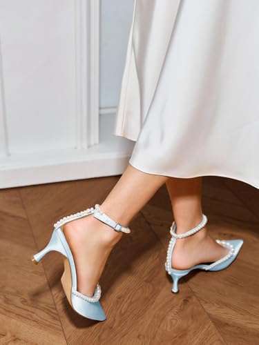 Image of Coutgo Womens Pearl Kitten Heels Closed Pointed Toe Wedding Bride Dress Shoes Ankle Strap Satin Pumps