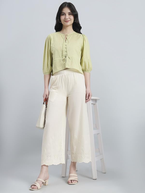 Image of GO COLORS Women Cotton Hakoba Wide Pant Ankle Length, Floral Embroidery, Relaxed Fit, Mid-Rise with Side Pocket