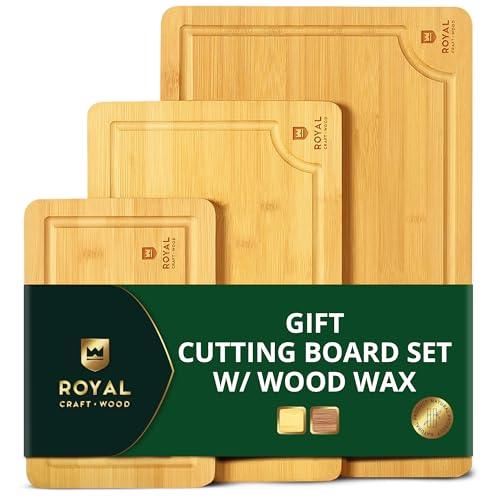 ROYAL CRAFT WOOD Wooden Cutting Boards for Kitchen Meal Prep & Serving - Bamboo Wood Serving Board Set with Deep Juice Groove Side Handles - Charcuterie & Chopping Butcher Block for Meat