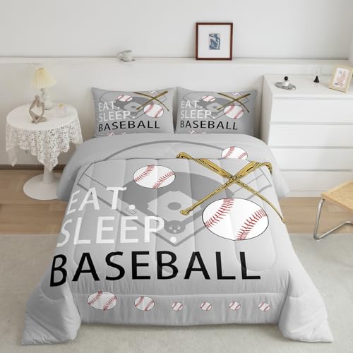 Image of Feelyou Baseball Comforter Set Grey Bedding Queen Size for Kids Women