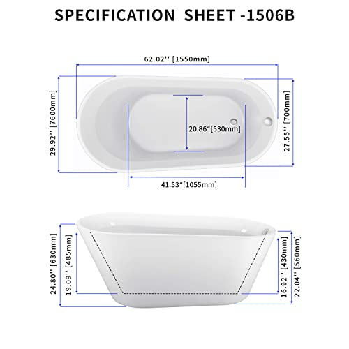 Image of 61 inch Single Slipper Freestanding Bathtub, 17 inch Deep Soaking Tub, Glossy White | Right Toe-Tap Chrome Drain, Slotted Overflow, Easy-Clean Modern Acrylic Tub for Bathroom, cUPC Certified, Capacity: 62 Gal