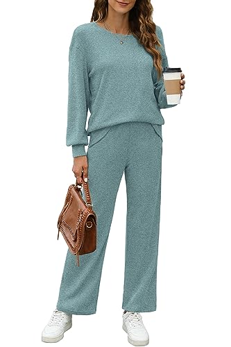 WIHOLL Womens Sweatsuits Sets Long Sleeve Crewneck Top Wide Leg Pants Two Piece Outfits2