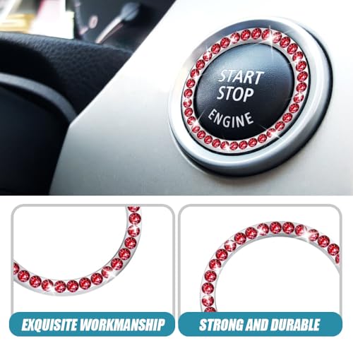 Image of 2 Pcs Crystal Rhinestone Car Engine Start Stop Decoration Ring, Push to Start Button Cover, Bling Car Accessories for Women, Key Lgnition Starter Knob Ring (Red)