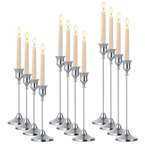 Oakernel Silver Taper Candle Holders 4 Sets(12 Pcs) - Tall Metal Candlestick Holders for Table Centerpiece Formal Dinner Wedding Fireplace Mantel Decor Fits 3/4 Inch Thick Candles