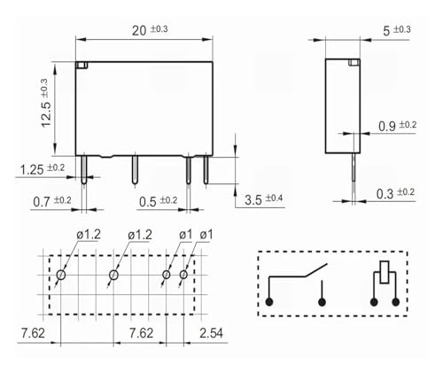 Relé HF49FA 012-1H1T de 4 pines, voltaje de 12V y capacidad de 5A 3