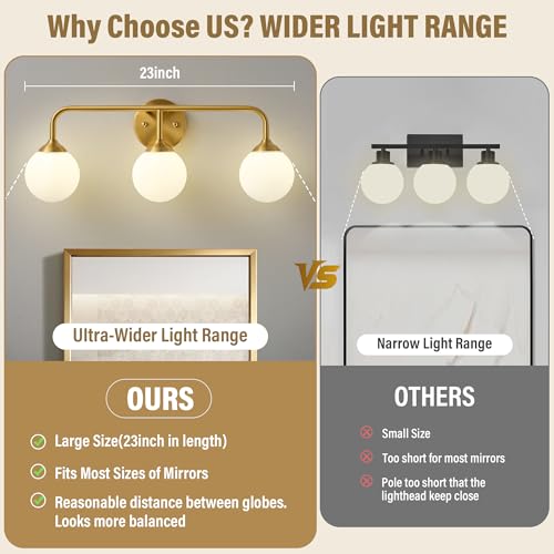 Image of Bathroom Light Fixtures - 3 Light Brushed Brass Vanity Light Over Mirror for Bathroom Mirror Living Room Bedroom, Gold Bathroom Wall Sconce with Frosted Glass Shade, 3 G9 Bulbs Included