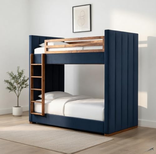 Image of STRATA FURNITURE Solid Wood Velvet Upholstered Bunk Bed with Ladder | Wooden Twin Over Double Bed for Bedroom Living Room and Home (Blue)