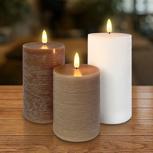 Image of LEDHOLYT Rechargeable Flameless LED Pillar Candles-Luminous Real Wax Indoor Home Decor-Set of 3, Realistic Flickering LED Flame,Remote & Timer, Type-C Rechargeable(Linen Beige)