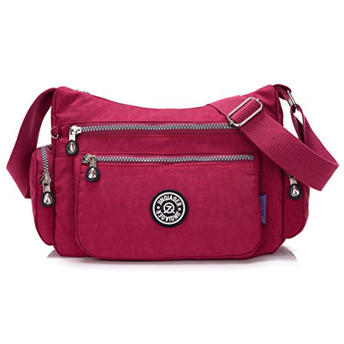 Sac à bandoulière nylon rouge avec de nombreuses poches zippées femme homme