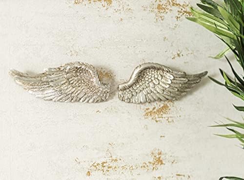 Garden Mile Chic Angel Wings Metal Wall Art Decoration with Feather Ornament - Small Vintage Silver Shabby Fairy Door Unique Wall Decorations Hanging Ornaments Sculpture for Wedding, Halloween Decor