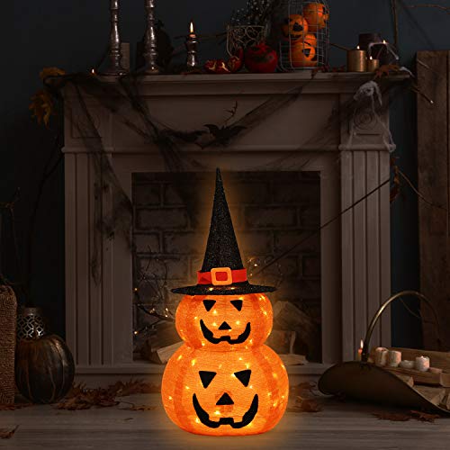 UpdateClassic Lighted Halloween Stacked Pumpkins with Witch Hat, Sturdy Bracket with Built-in LED Lights, Perfect Night Light Halloween Decoration for Indoor Outdoor Living Room Yard Patio