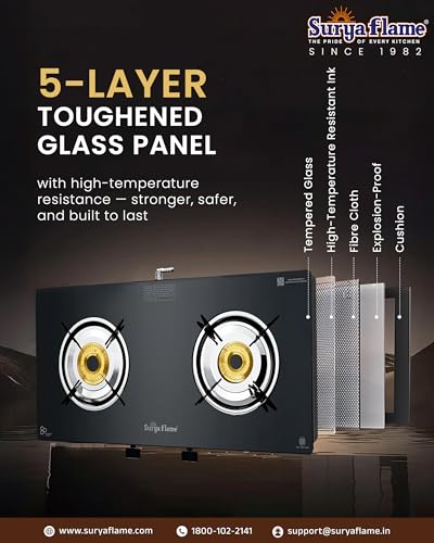 Image of Surya Flame Creta Gas Stove 2 Burners Glass Top | Tri-pin Brass Burner | 2 Burner Gas Stove, Stove 2 Burner, Manual Ignition, Ultra Slim Design with Toughened Glass Top, Removable Drip Tray