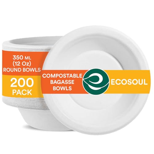 ECO SOUL 100% Kompostierbare 350 ml Suppenschalen – 200 Stück | Biologisch abbaubare Einweg-Schalen aus Bagasse | Schwer belastbar | Umweltfreundlich & Mikrowellengeeignet(Perlenweiß)
