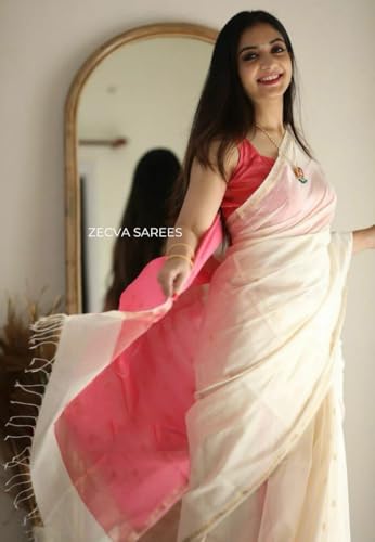 Image of ZECVA Women's Pure Soft Spun Cotton Lichi Silk Saree For Women With Attach Unstitch Blouse Piece