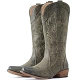 IUV Cowboy Boots for Women Mid Calf Fashion Cowgirl Boots with Embroidery Western Snip Toe