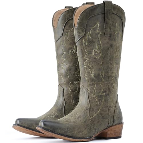Image of IUV Cowboy Boots for Women Mid Calf Fashion Cowgirl Boots with Embroidery Western Snip Toe