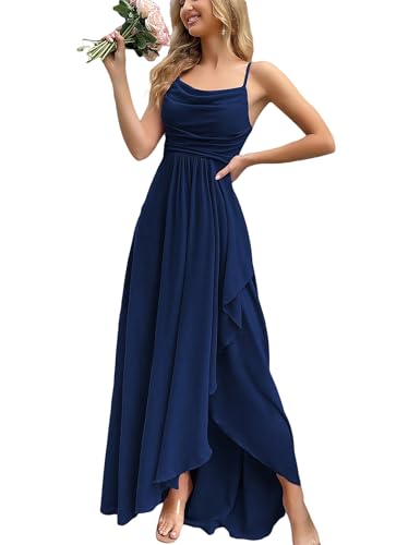 VOUIAO Women's 2026 Spring Formal Evening Gown Elegant Spaghetti Strap Long Prom Dress A Line Slit & Cowl Neck Wedding Guest Party Cocktail Bridesmaid Maxi Dress Navy Blue L