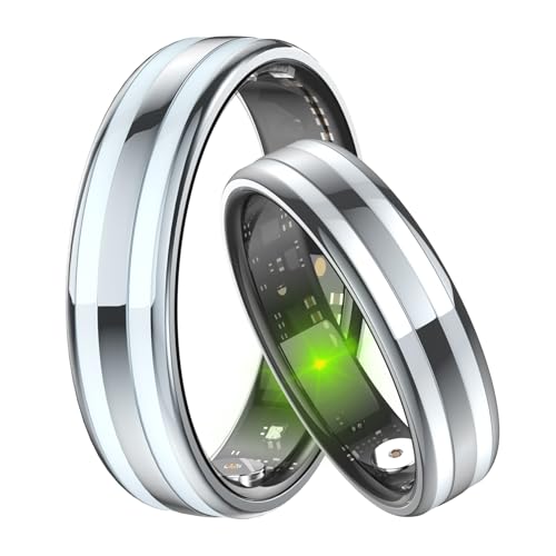 JUSUTEK 2026 新登場 レディース超狭幅セラミックステンレス鋼スマートリング指輪,活動追跡リング フィットネススマートリング、全面数値安定センサ機能管理，6.3mm幅，体感ゲーム，多機能運動，女性機能，リモコン撮影，万歩計，IP68防水，水泳可能，Bluetooth5.4，カロリー，男女兼用，iphone&コンパチブル対応,贈り物,日本語説明書付き (銀, 10号（内周長：62mm）)の商品画像（Amazon）