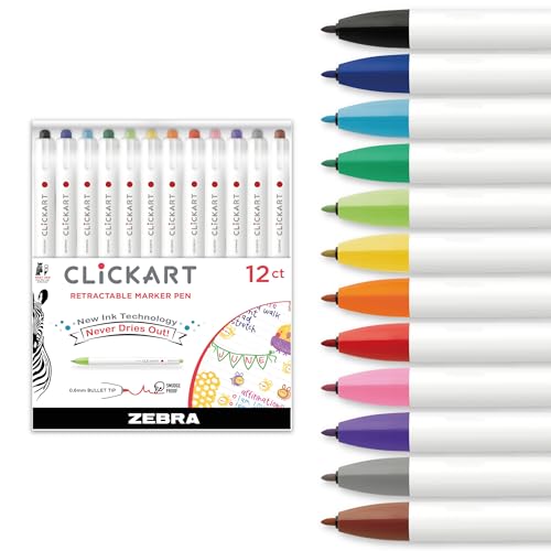 Zebra Pen CLiCKART Retractable Felt Tip Pen, Assorted Ink Colors, 0.6mm Fine Point, Moisture Absorbing to Prevent Drying Out, School Supplies and Teacher Supplies, 12-Pack (69012)