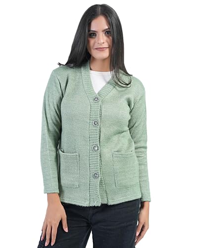 Image of MANRA Women's Woolen V-Neck Buttoned Full Sleeve Cardigan Self Design Soft Wool Fabric Winter Wear Pure Wool Sweater Fully Warm with Front Pockets Stylish Cardigan