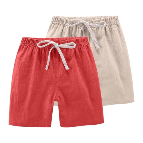 Girls Boys Shorts 2 Pack Kids Cotton Linen Summer Casual Shorts Comfort Elastic Waist Drawstring Pants with Pockets