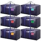 RMOHRO 6 Pack Moving Bags Heavy Duty 210GSM with Full-Open Side Zipper, 93L 65lbs Waterproof Foldable Storage Totes for College Dorm Move-In, Moving Boxes Alternative & Home Organization, Blue