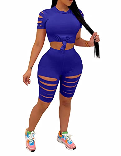 Annystore Women's 2 Piece Outfit Bodycon Cut Out Short Sleeves Crop Top and Shorts Tracksuit Set Blue Medium