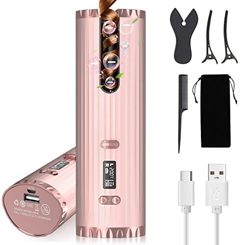 Cordless Auto Hair Curler, Portable Curling Iron, Anti-Tangle, 6 Temperature & Timer, USB Rechargeable, LCD Display, Professional Ceramic Hair Curling Wand for Long & Short Hair Styling