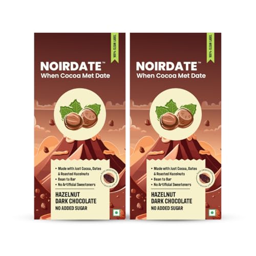 Image of NoirDate Hazelnut Dark Chocolate - 75g, Bean to Bar, Sweetened with Dates, Refined Sugar Free, Clean Label, Healthy, Vegan, Gluten-Free, Guilt-Free Indulgence (Pack of 2)