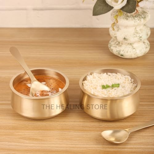 Image of THE HEALING STORE Pure Bronze Kansa Donga Set of 2 Without Lid | Handcrafted Ayurvedic Serving Bowls for Dal, Curry, Sabzi & Rice | Traditional Kansya Dinnerware | Eco-Friendly Bronze Serveware