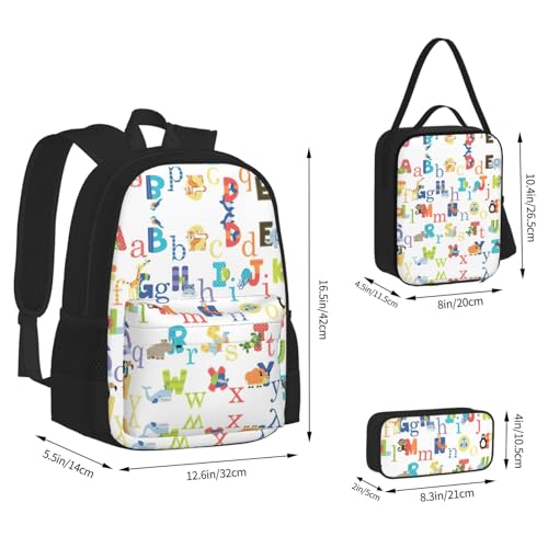 Colourful Animal Alphabet Print 3 Piece Set Backpack, Lunch Bag, Pencil Case, Cute Sturdy For College And Travel4