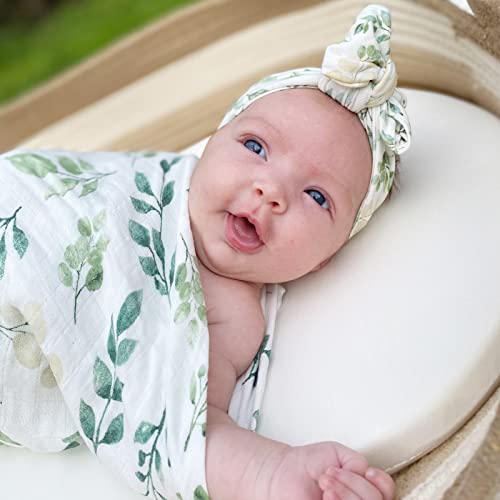 Lifetree Newborn Swaddle Set With Matching Hat And Headband Bow, Wooden Birth Announcement Card, Muslin Baby Swaddle Blankets For Boys & Girls, Eucalyptus Leaves And Greenery Plants #TOP2