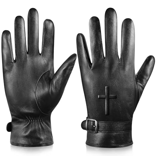 Aegend Black Leather Gloves Men Genuine Sheepskin Winter Warm Touchscreen Motorcycle Gloves with Cashmere Lining for Cold Weather Driving