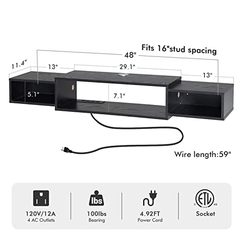 Vicodabo 55" Floating Wall Tv Cabinet Stand With Power Outlet, Wall Mounted Wood Media Console, Modern Entertainment Center For Living Room,Bedroom (Upgraded Black Color) #TOP4