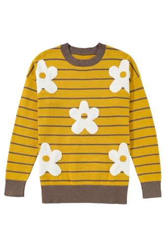 Women's Cozy Yellow Stripe Daisy Floral Round Neck Sweater for Winter