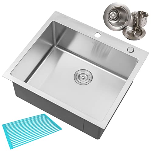 Cozyblock 25 Inches 16-Gauge Stainless Steel Topmount Drop-In Single Bowl Kitchen Sink In Brushed Stainless Steel Finish With Silicon Dishrack And Strainer #TOP12