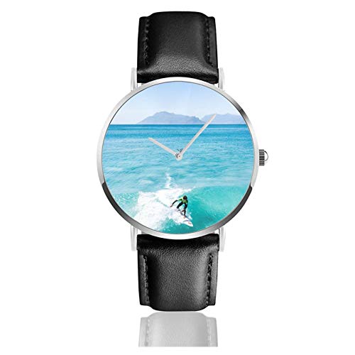 Lederuhr Surfer Fang Eine Kristallklare Welle Drohne Shot Unisex Klassisch Casual Mode Quarzuhr Edelstahl Uhr mit Lederband