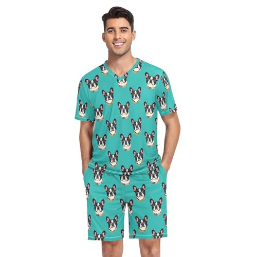 Bulldog Green Men’s Pajama Sets 2 Piece Short Sleeve Sleepwear with Printed Design
